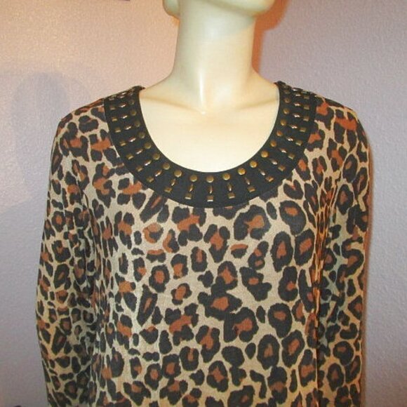 Y2K Vtg Embellished Tunic Top Size S Asymmetrical Leopard 3/4 Sleeve Jersey Knit - Picture 2 of 10